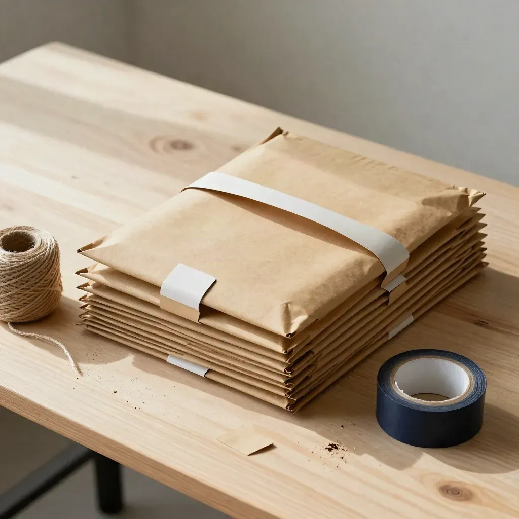 Kraft mailers, twine, tape rolls and seal strips on a pale wood packing bench