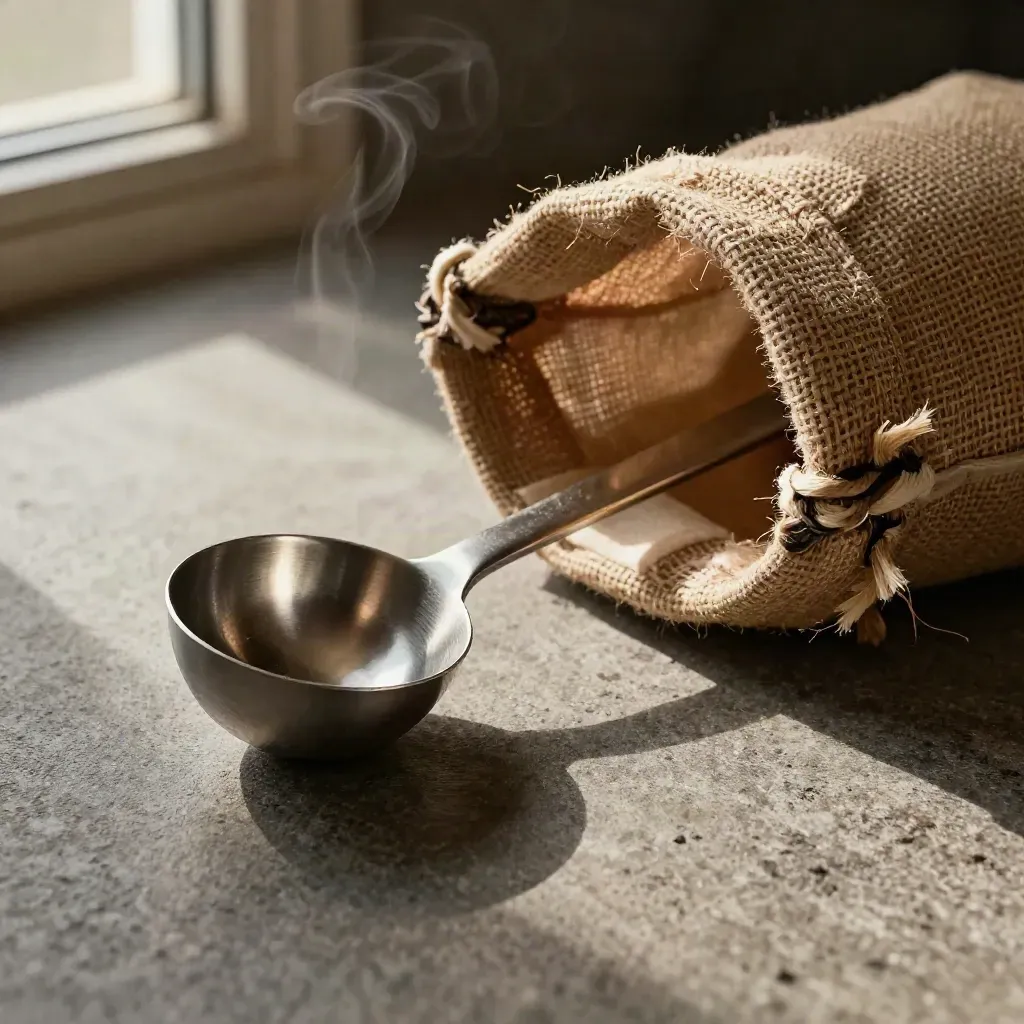 Coffee cupping tools on brushed stone: scoop, spoon, burlap seam, faint steam.