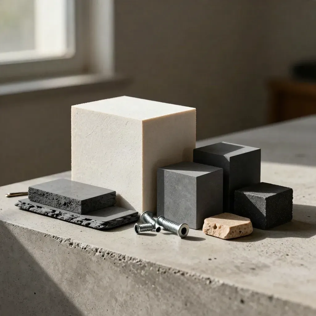 Architectural model materials on slate: foam-core corner, graphite blocks, stone sample, steel fasteners.