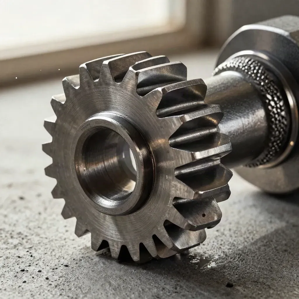Macro of steel gears, shims, and a knurled spacer on concrete with dramatic side light