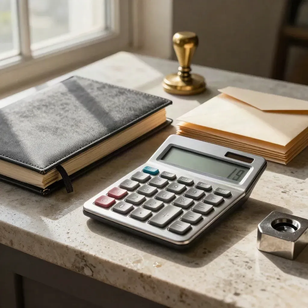 Calculator, ledger binder, receipt envelopes, date stamp and paperweight on pale stone.
