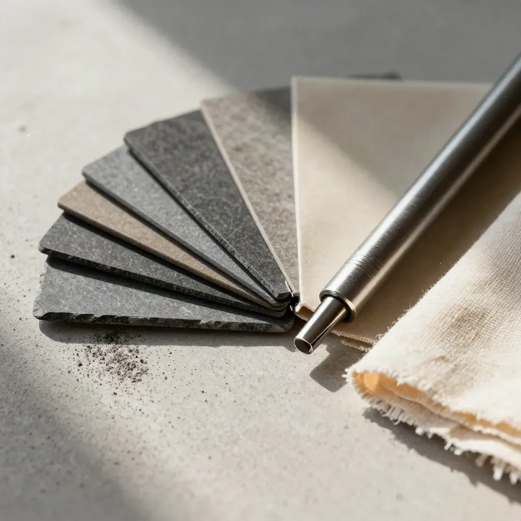 Overhead macro of finish chips, a punch tool, and a folded swatch on pale concrete.