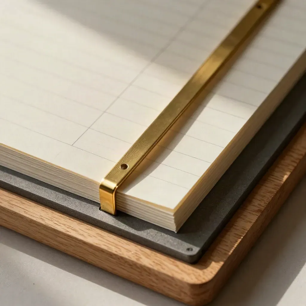 Brass divider, planning block, and index tabs on pale oak in soft morning light
