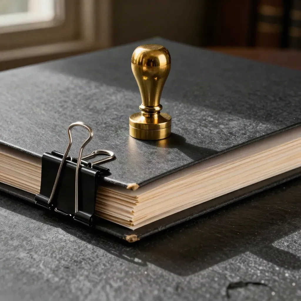 Brass seal press, binder clips, and archive folder on graphite slate with dramatic shadows.