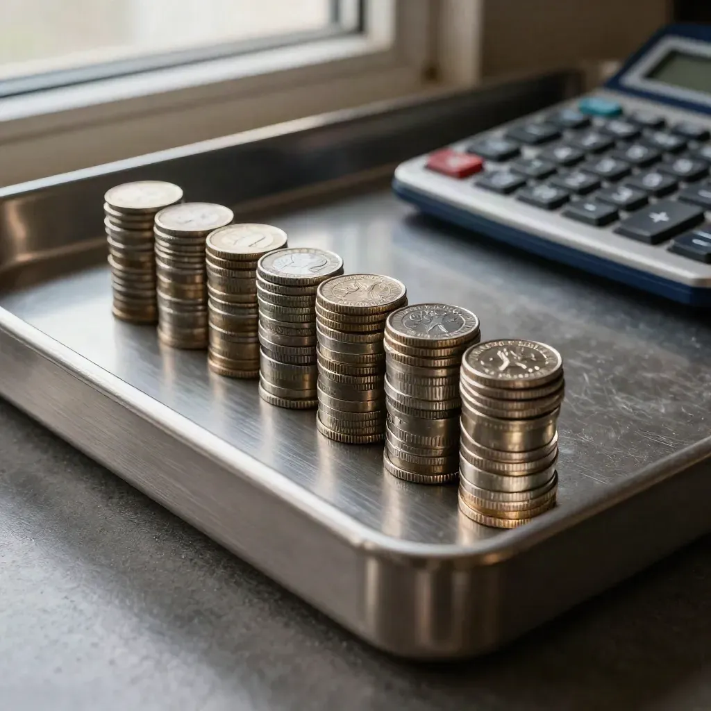 Coin rolls, cash tray, and calculator on brushed metal under dramatic side light.