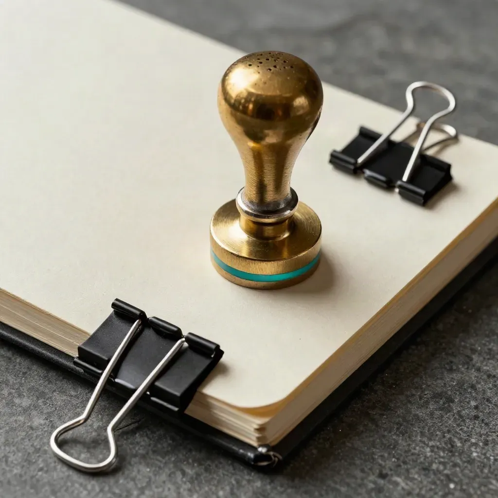 Brass date stamp beside a closed ledger notebook and two binder clips on stone.