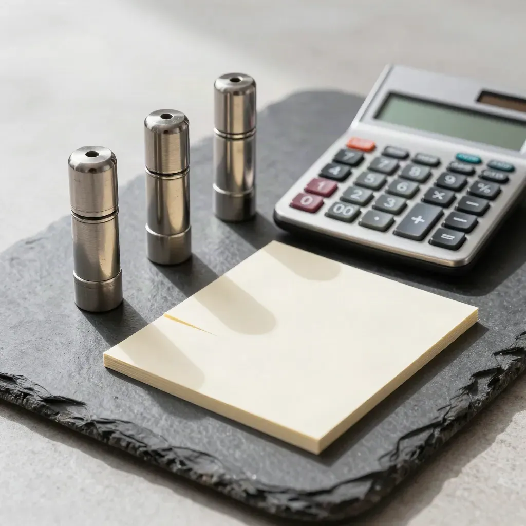 Calculator, tally counters and clipped note cards on stone, lit by soft daylight.