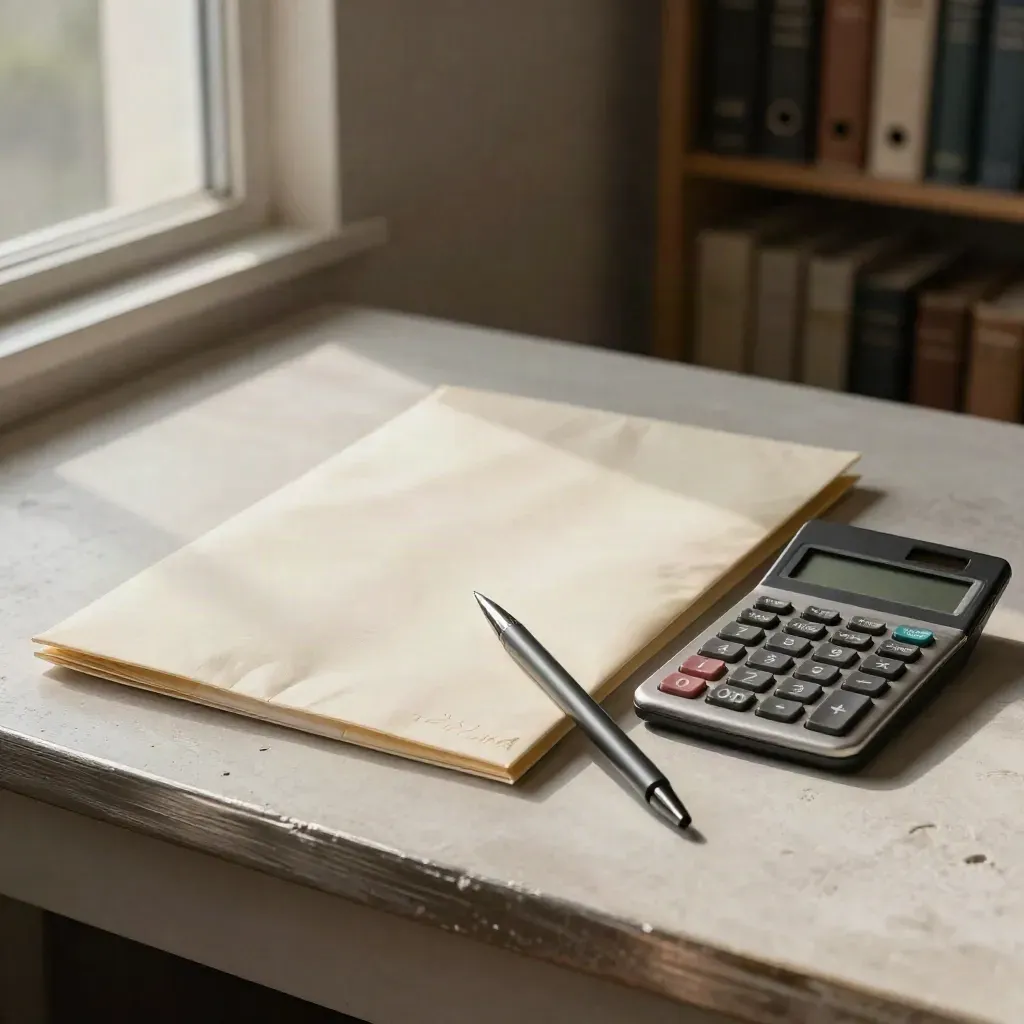 Closed report packet with pen and calculator on pale plaster, dramatic finance still life
