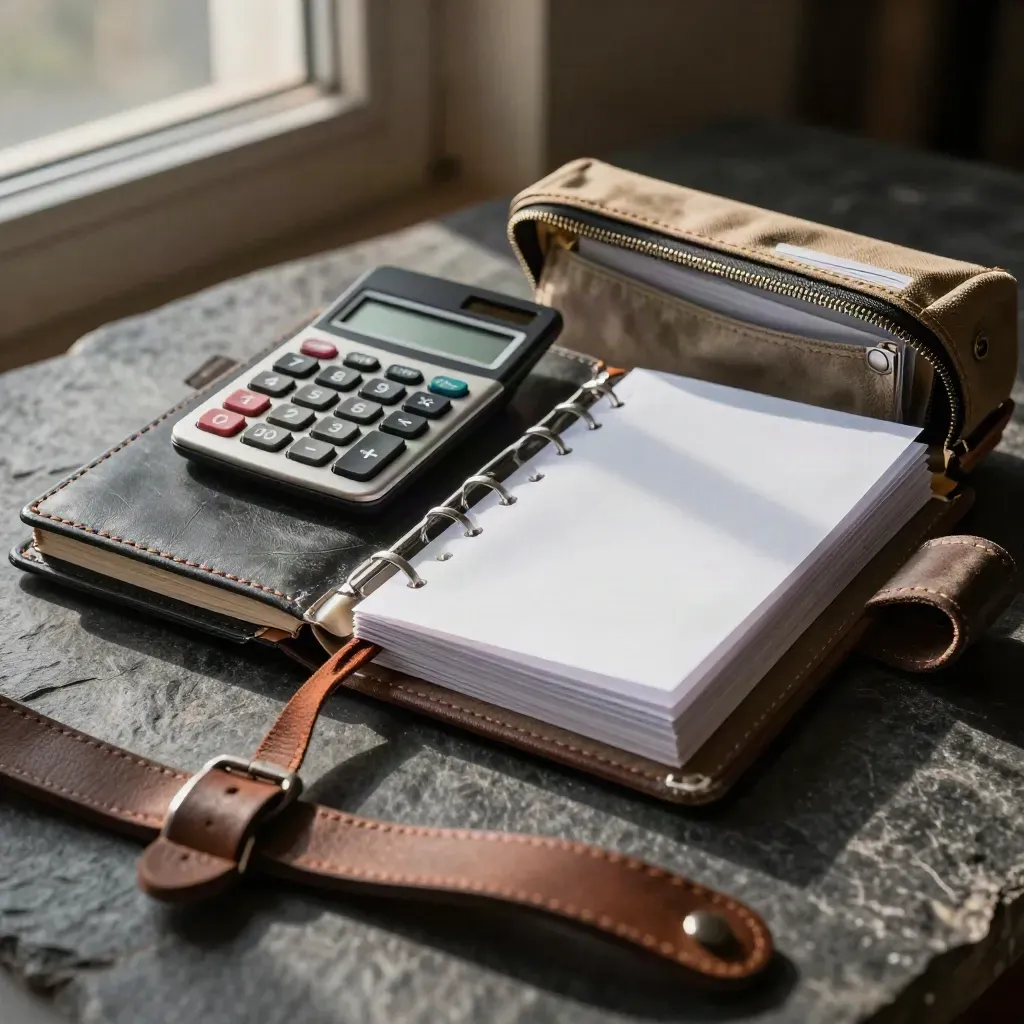 Close-up of a freelancer’s bookkeeping tools on dark stone: notebook, calculator, receipt sleeves, open field pouch.
