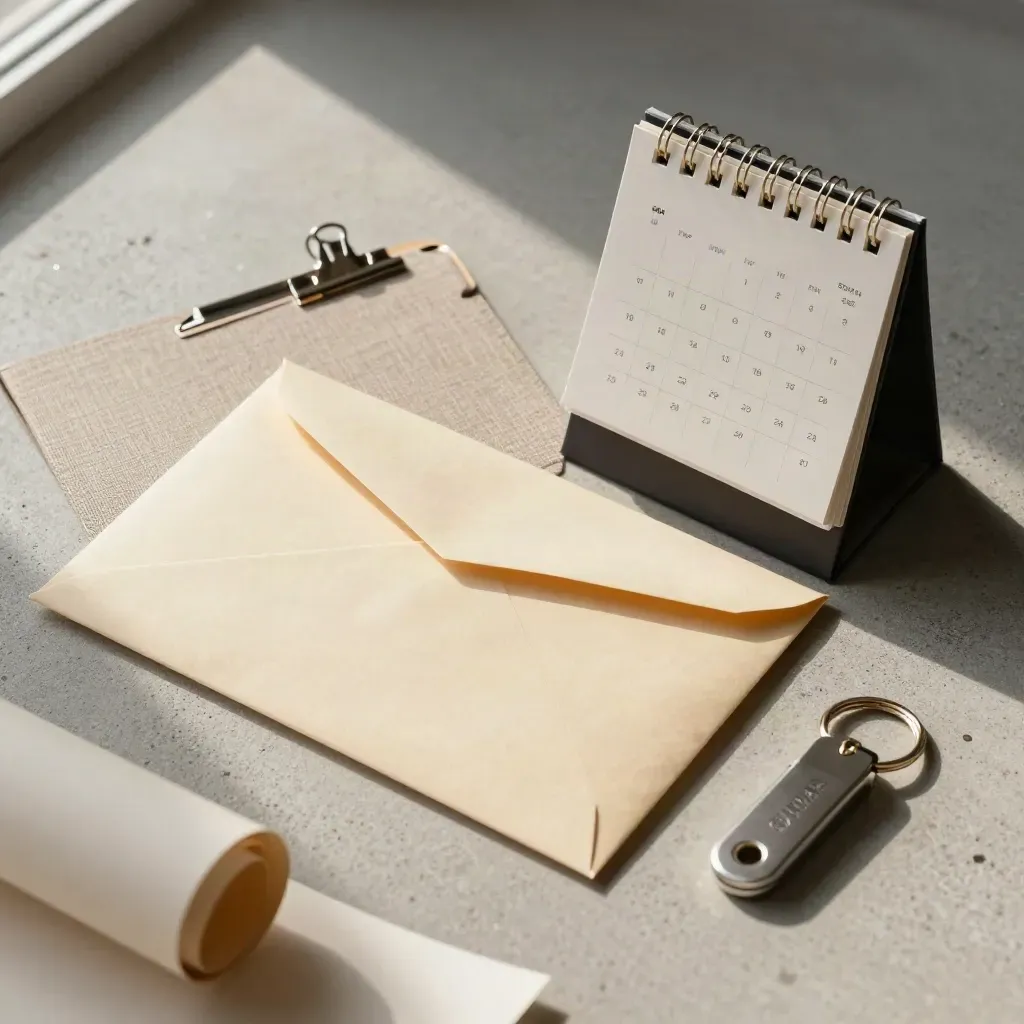 Macro flat lay of payroll envelope, calendar block, seed-round folder, and key fob on pale concrete.