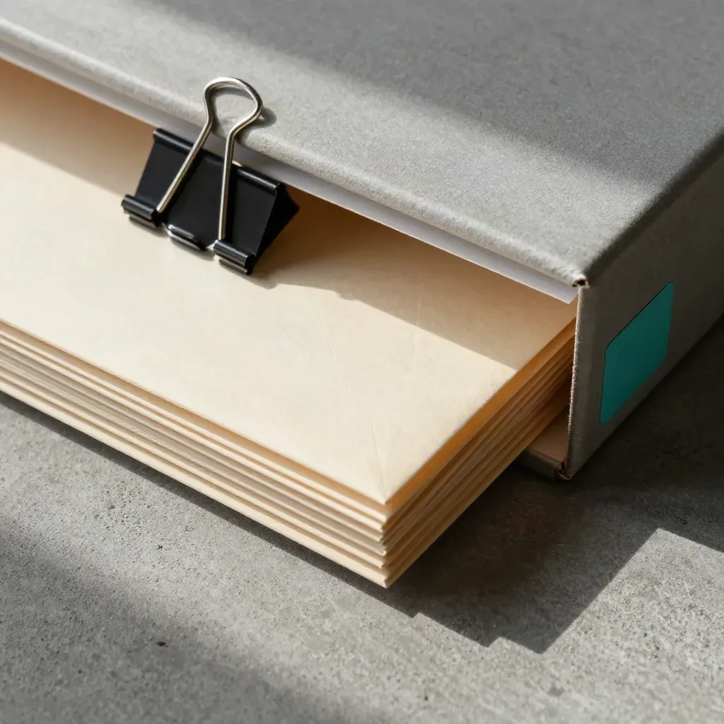 Receipt envelopes, binder clips, and archive box corner on concrete, shot from above.