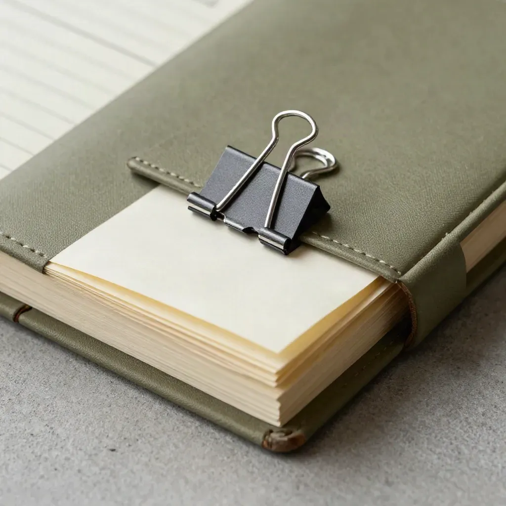 Macro still life of a ledger, payroll packet, and clip on brushed concrete.