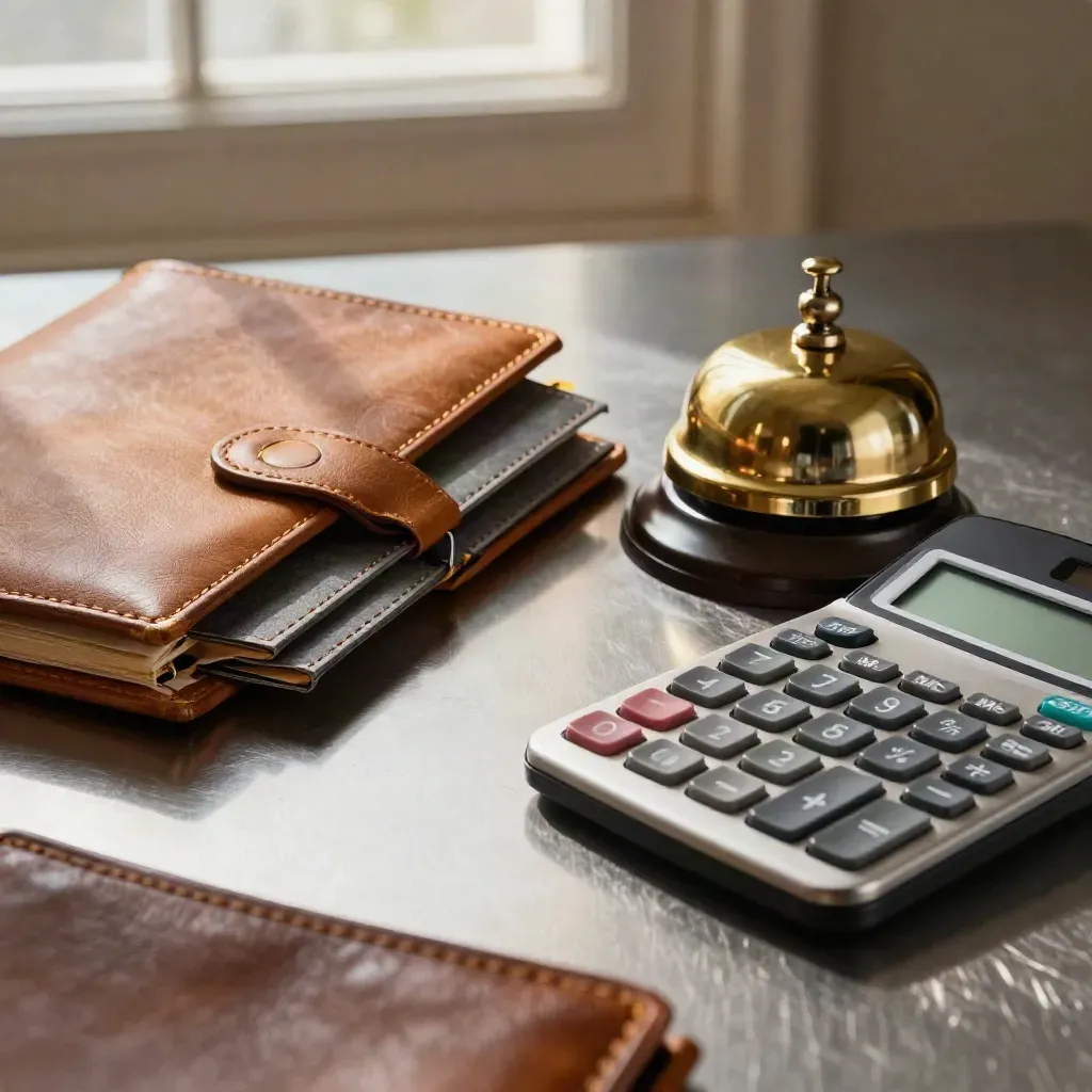 Leather folio, brass bell, bound packets, and calculator on brushed metal