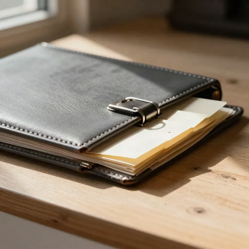 Receipt wallet, binder rings, archive tags, and a closed folder on pale wood.