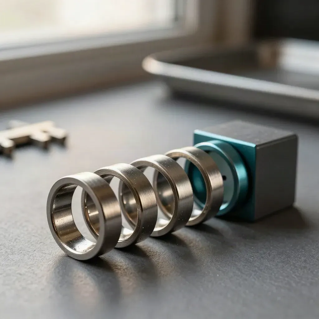 Macro of linked metal rings, connector pins and modular blocks on graphite with teal accent