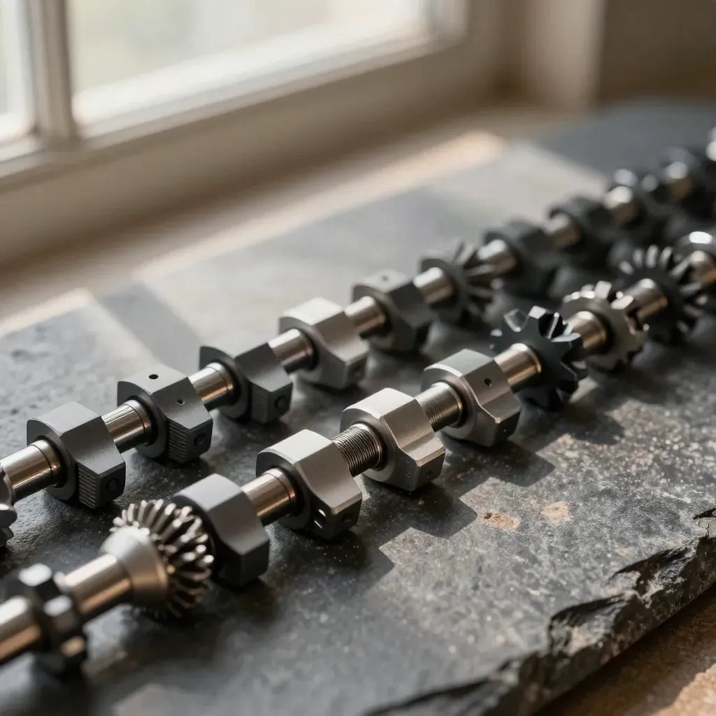 Graphite gear modules and modular connectors in a premium overhead still life.