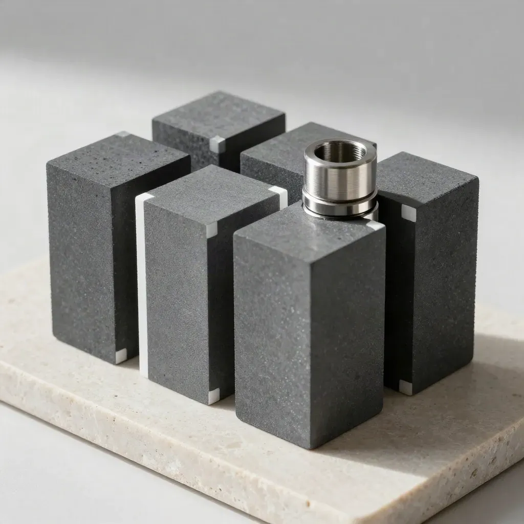 Matte blocks, a dovetail joint and brushed-metal coupler on pale stone in dramatic studio light.
