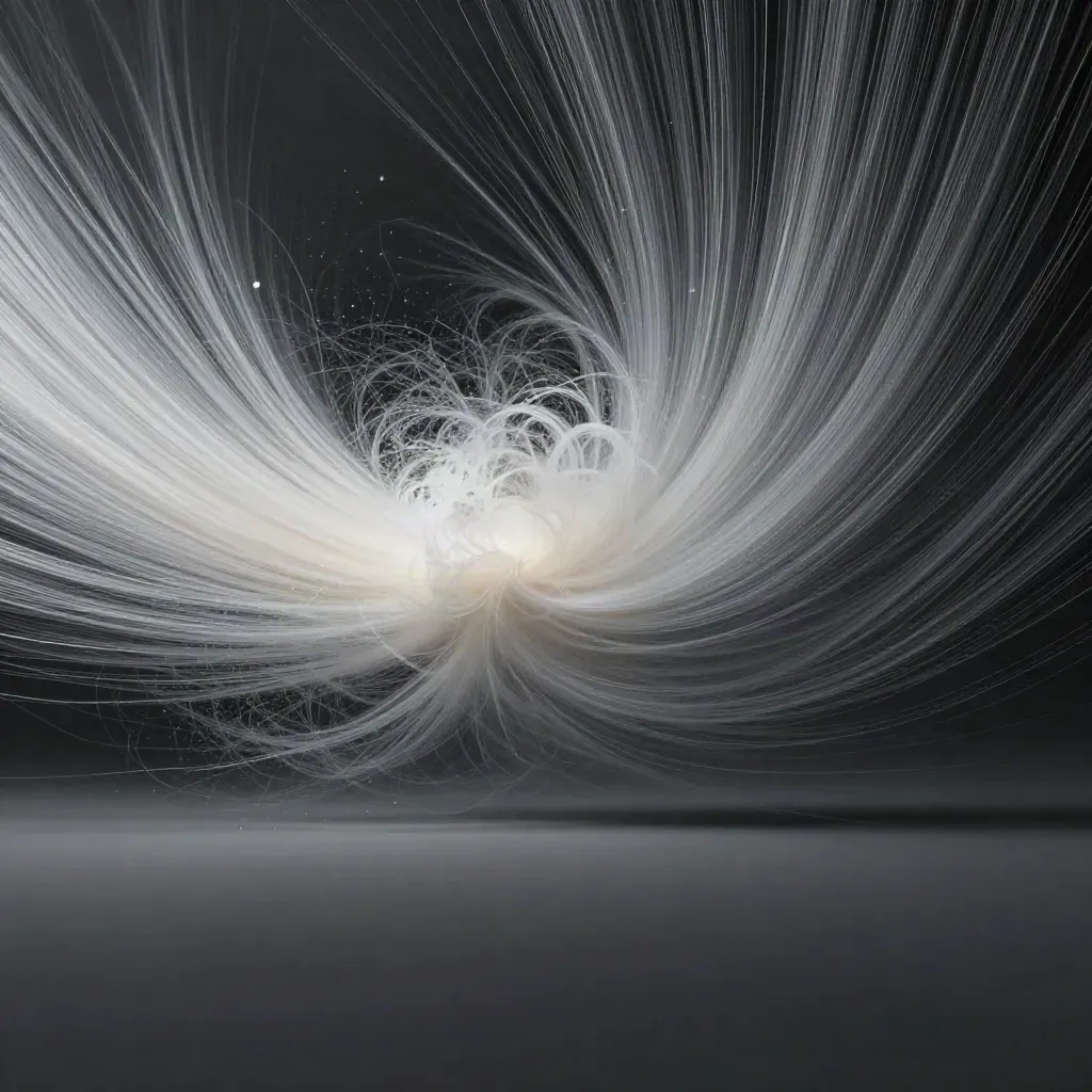 Silver light filaments converge into a soft bloom in a dark graphite void.