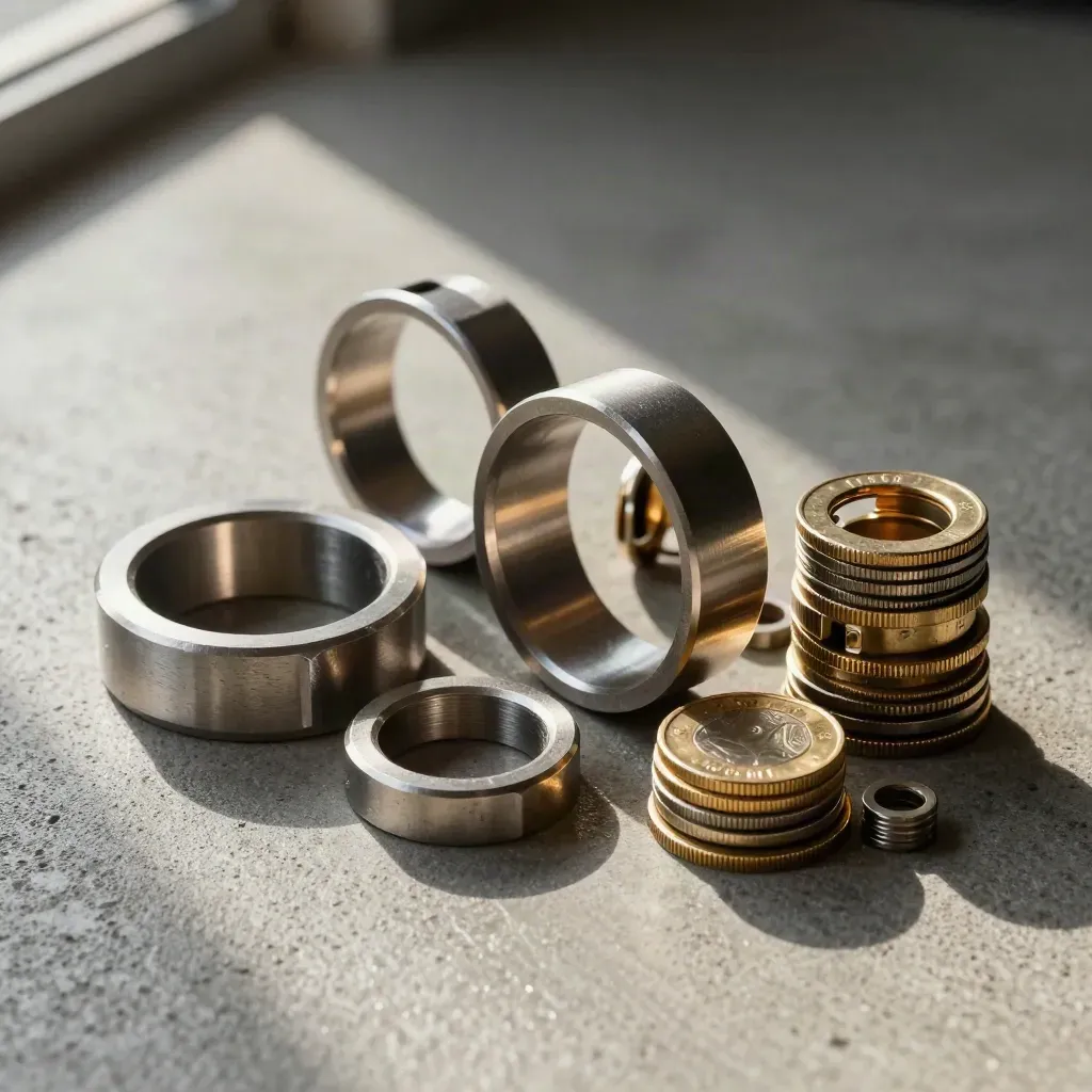 Brushed metal couplers and coin-like discs linked on concrete in a premium finance still life